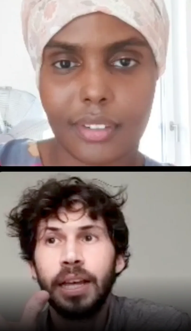 A split screen from the Instagram live: Farah Abdi speaking above, Samet Durgun below.