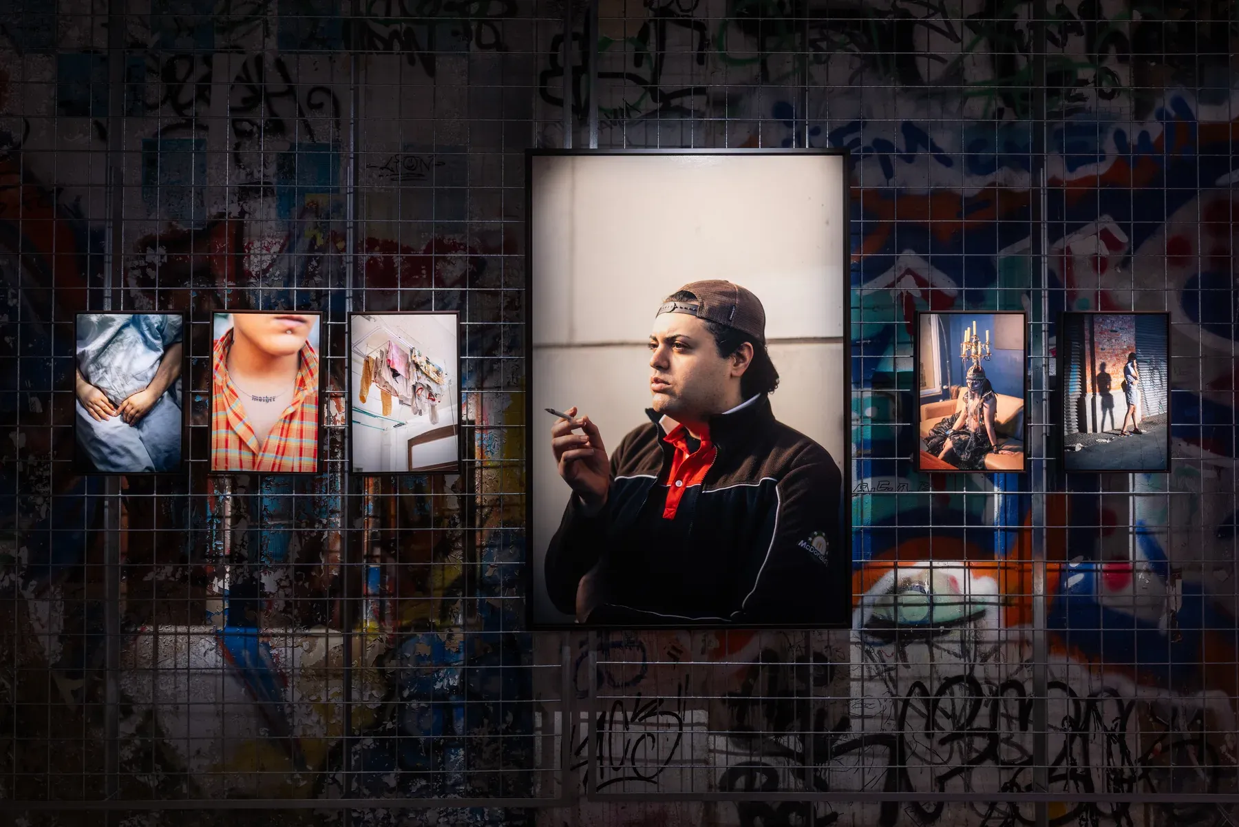 Installation view: a closer look at the wall of prints around a large upright portrait, graffiti showing through the mesh behind.