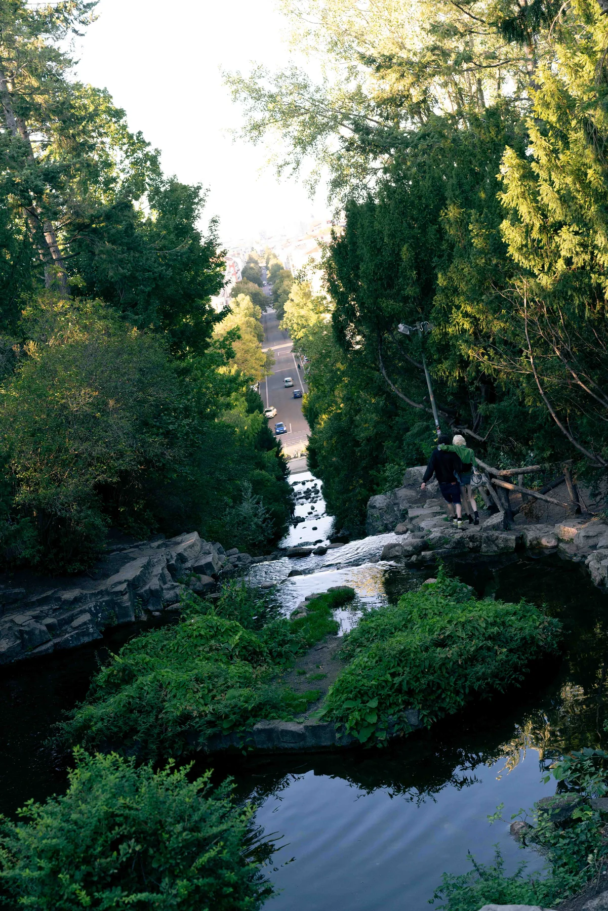 The cascade in Viktoriapark running down through summer greenery in Berlin.