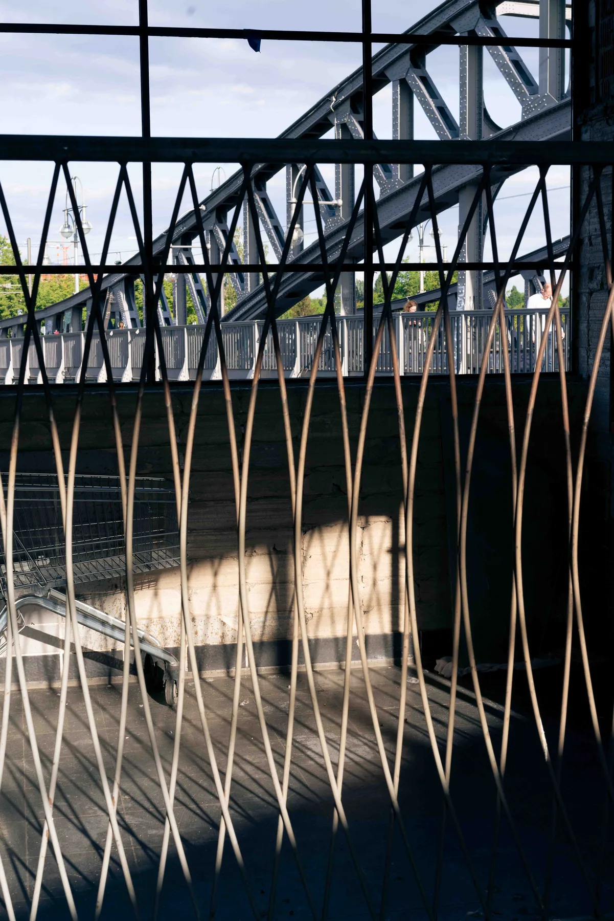 A lattice of pale canes stands before a window, beyond it a steel bridge in sunlight.